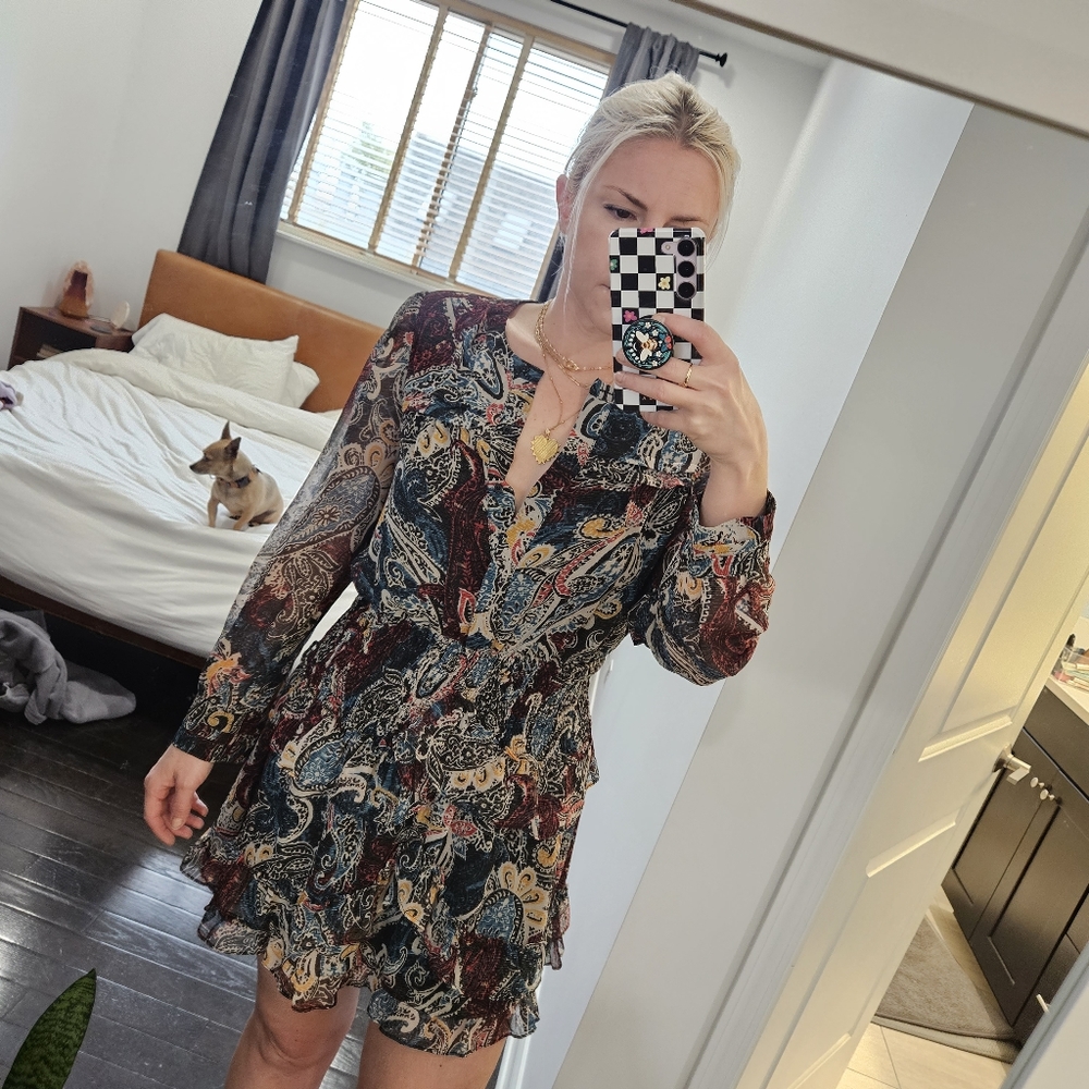 Paisley ruffle mini dress